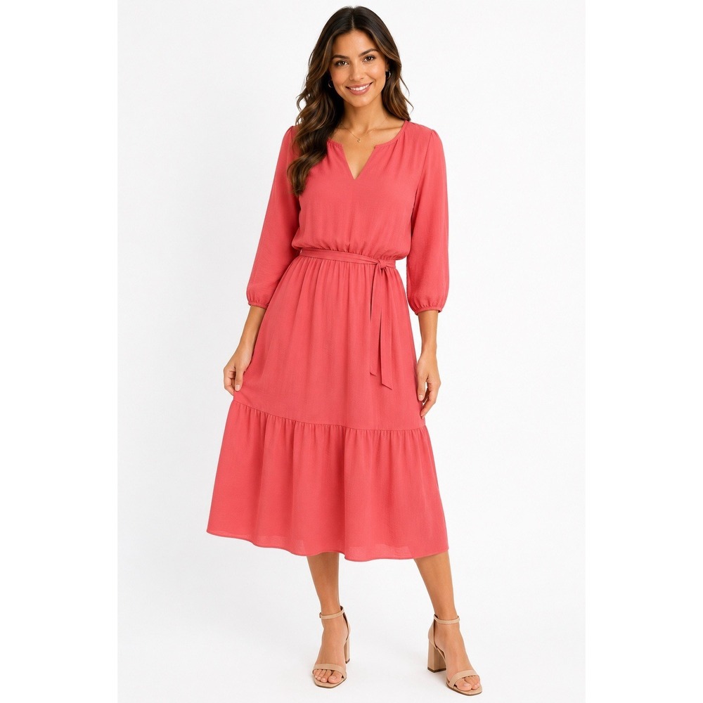 Lucky Brand Womens Midi Dress‎ Coral Pink Tiered Belted 3/4 Sleeve Size L